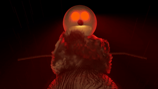 Evil Snowman with laser eyes and a fur coat
